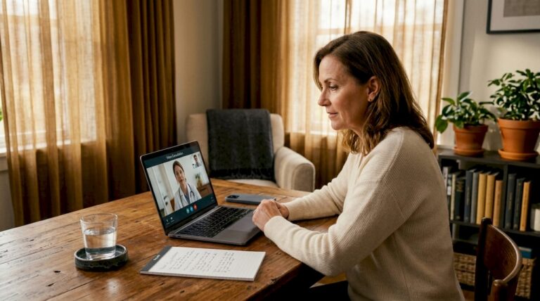 Woman using laptop for telehealth appointment at home