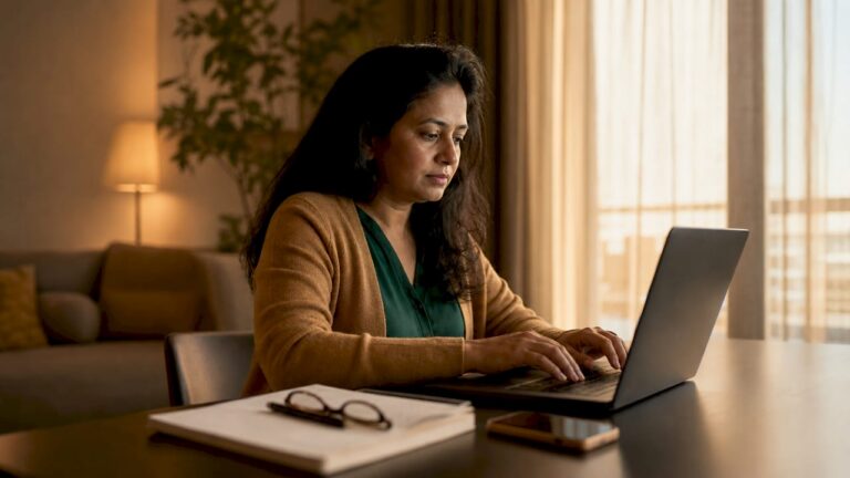 Woman messaging telehealth provider from home office