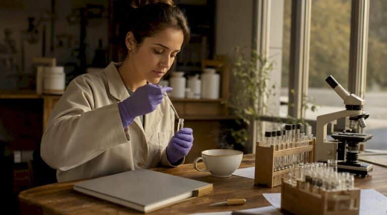 Scientist handling peptide samples in lab