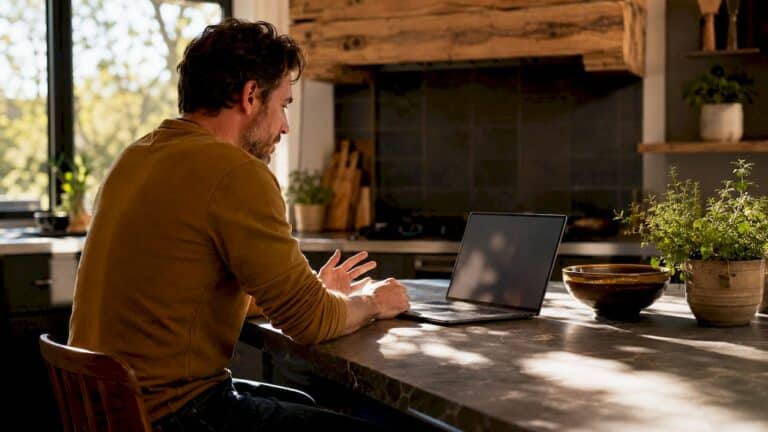 Man in home office on telehealth video call