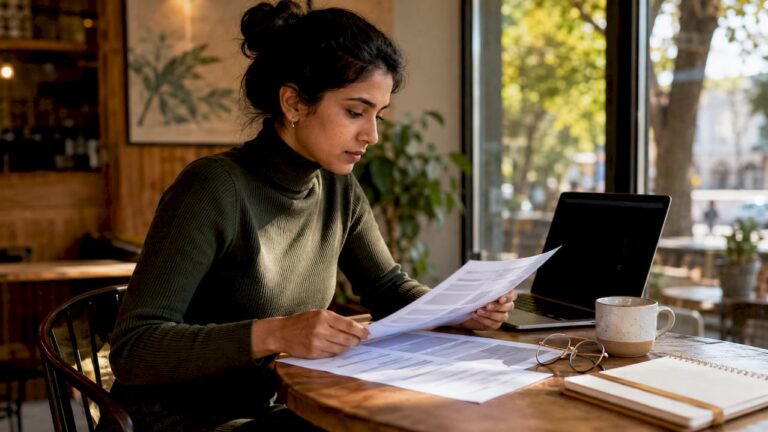 Woman reviewing telehealth provider credentials at desk