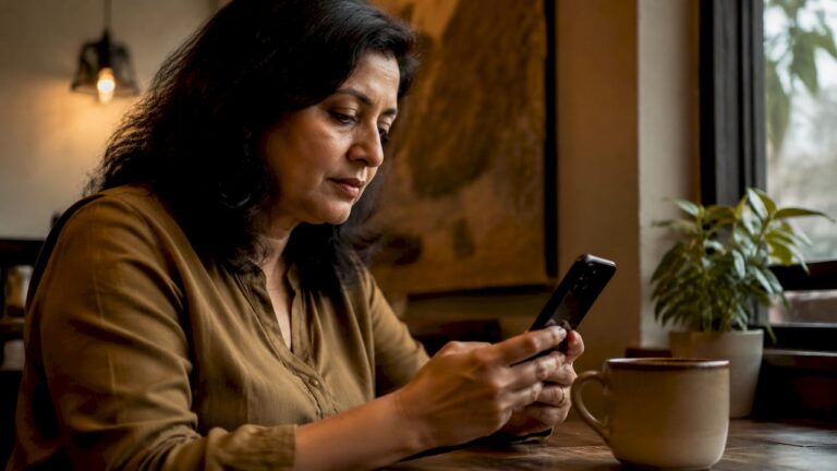 Woman texting healthcare provider at kitchen table