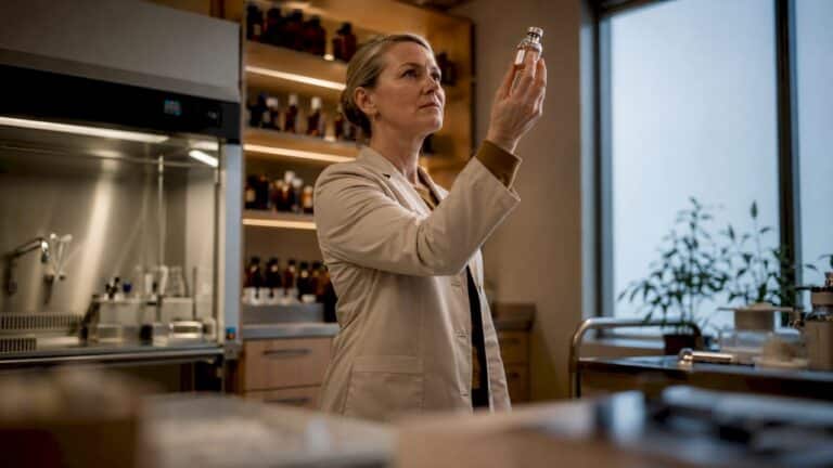 Female pharmacist inspecting sterile medication vial