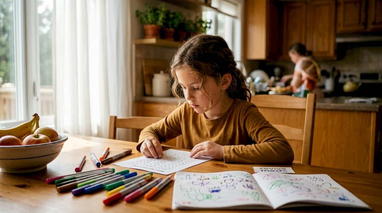 Young girl solving math puzzle at home