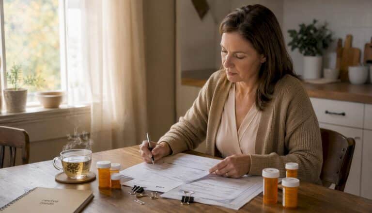 Pharmacist reviewing prescription forms at desk