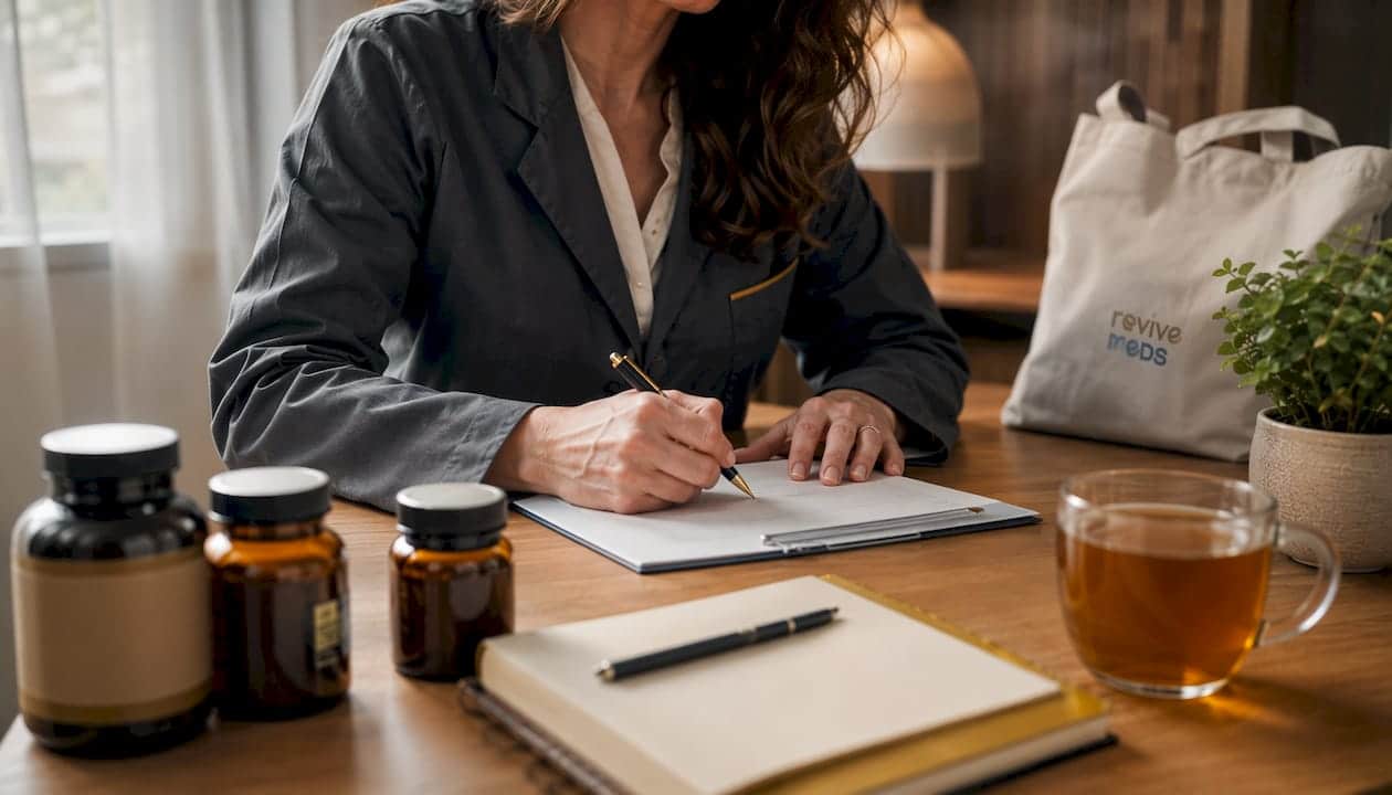 Clinician’s hands with hormone therapy prescriptions