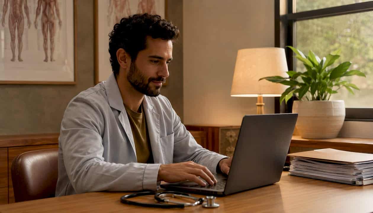Clinician reviewing patient data with keyboard and charts