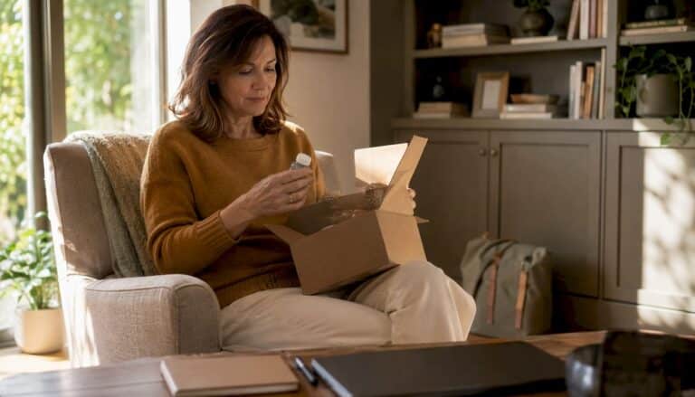 Woman opening discreet telehealth medication box