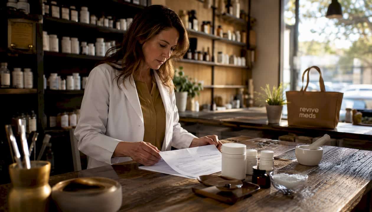 Pharmacist reviewing compounding regulations