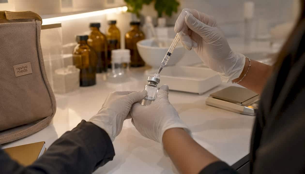 Hands compounding semaglutide medication vial