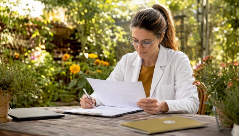 Clinician reviewing patient intake forms in telehealth office