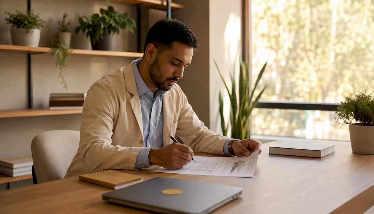 Clinician holding medical assessment clipboard over desk