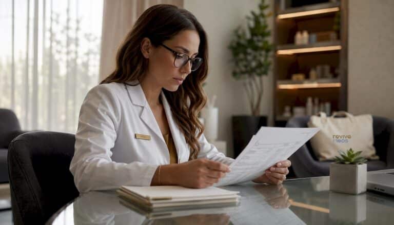 Pharmacist reviewing medical peptide safety documents