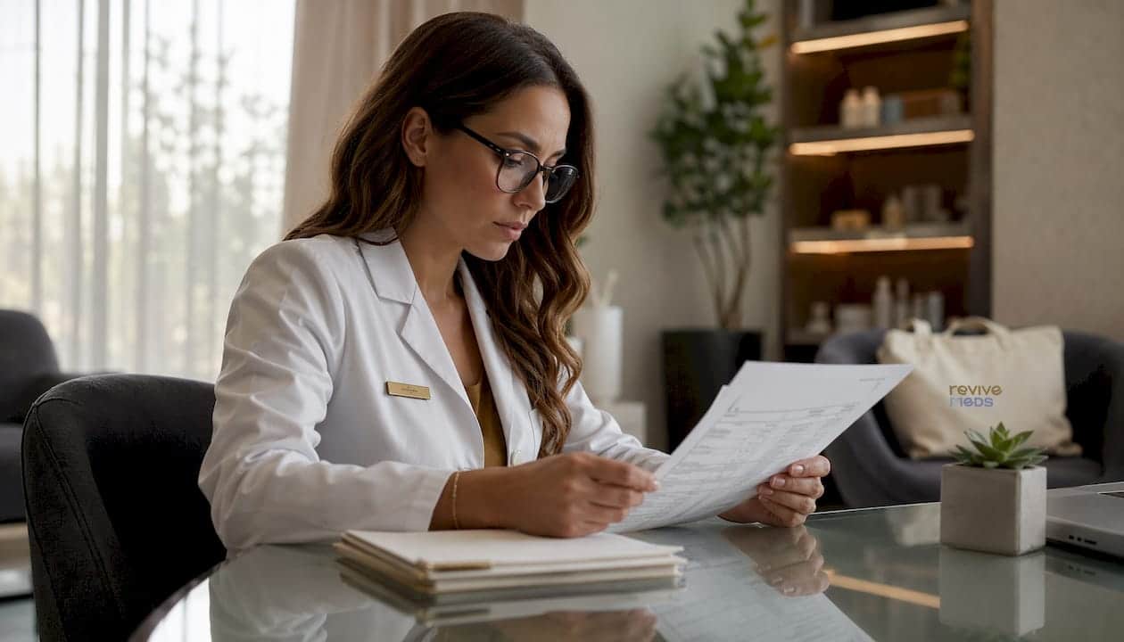 Pharmacist reviewing medical peptide safety documents