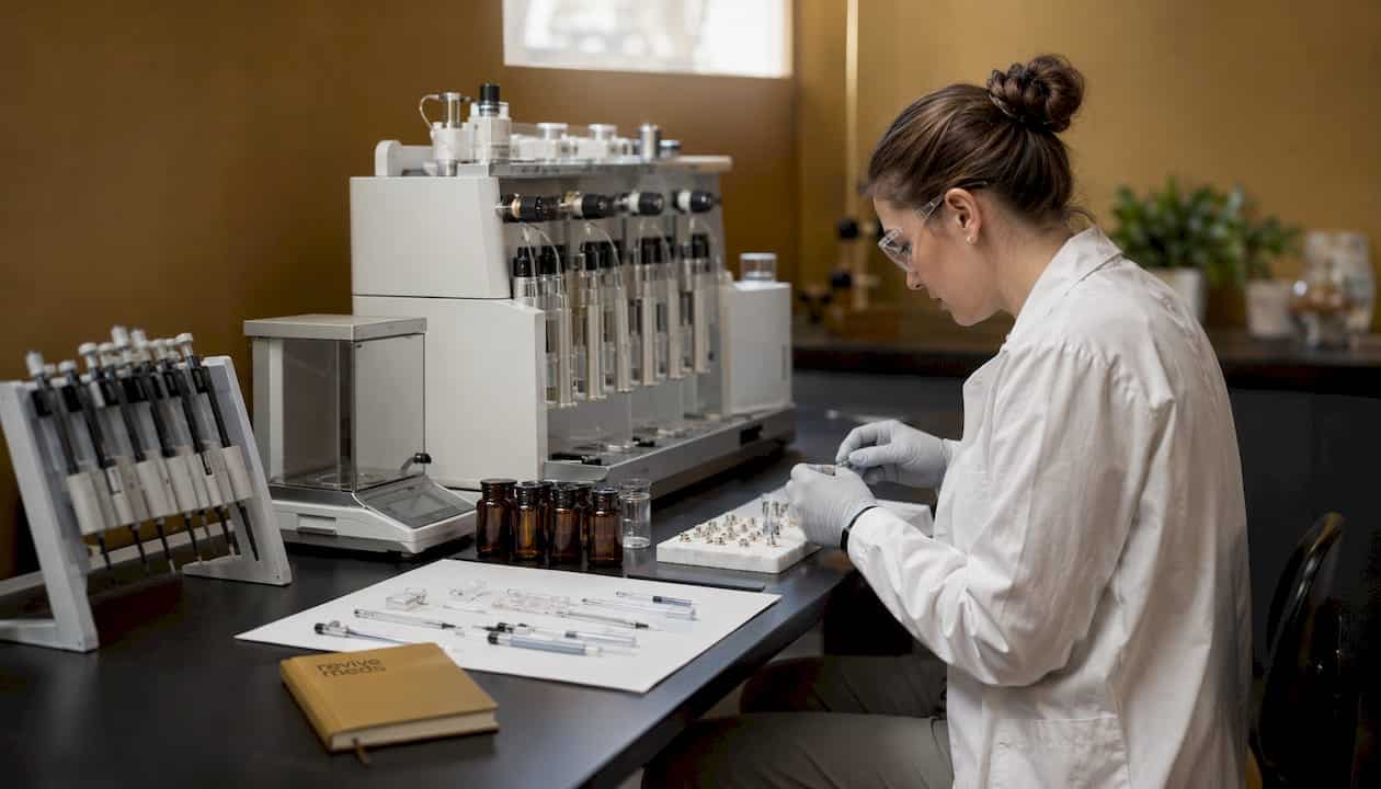Overhead view of peptide synthesis lab bench with technician hands