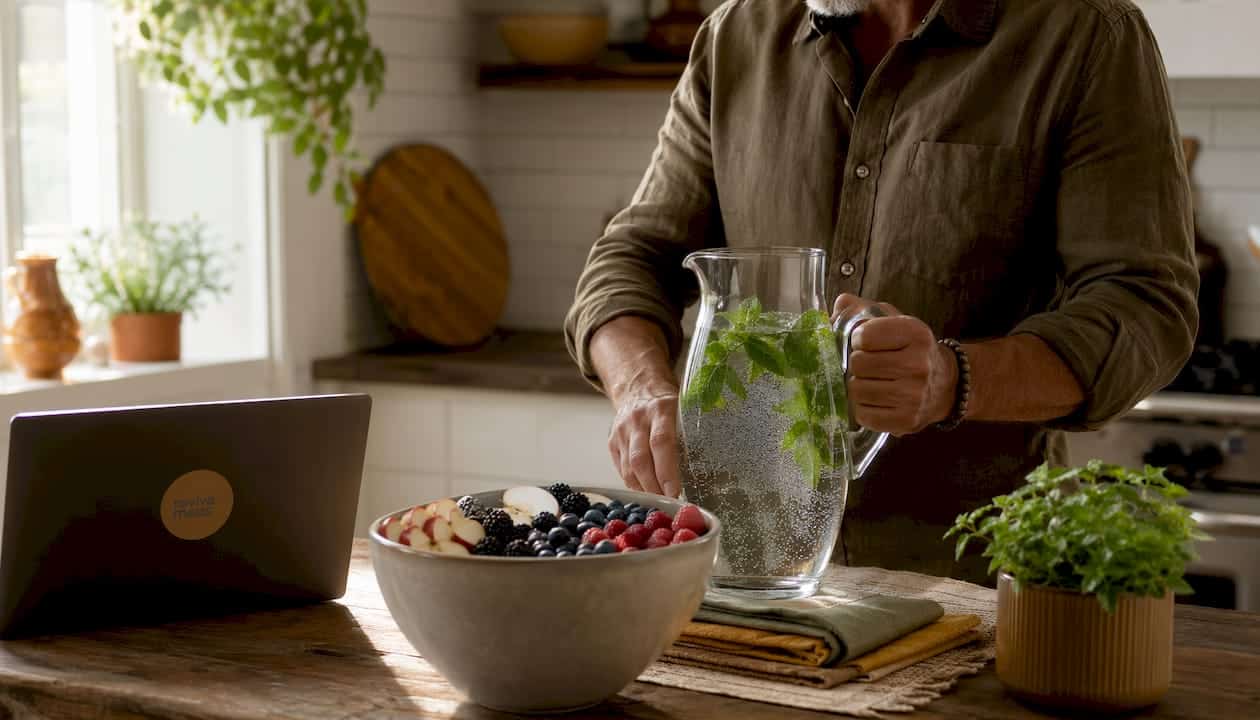 Hands arranging hydration and fiber foods