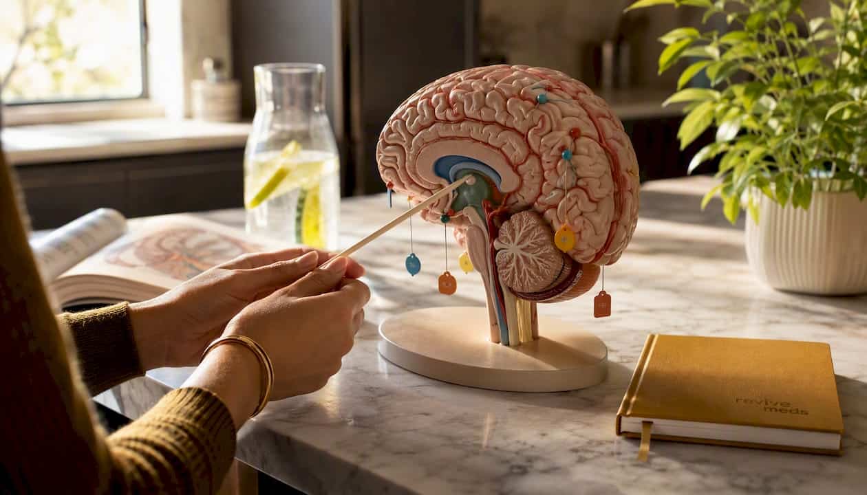 Hands pointing at brain model insulin pathways