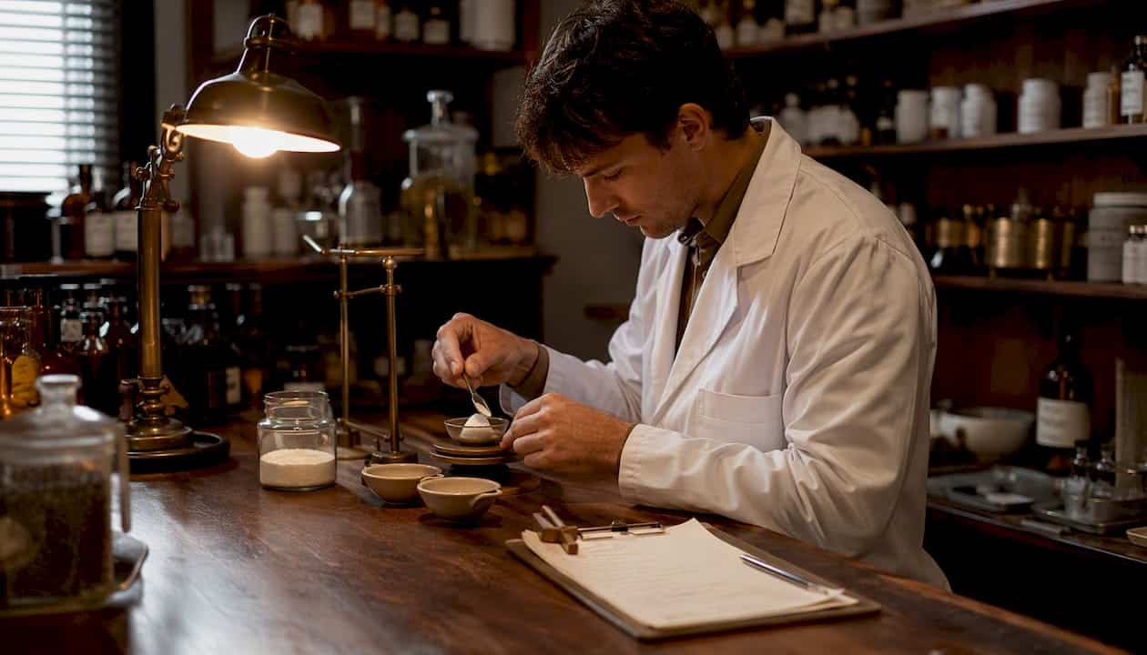 Pharmacist measuring ingredients in compounding lab