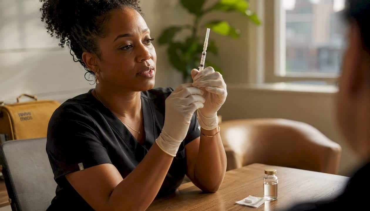 Nurse demonstrating peptide injection preparation