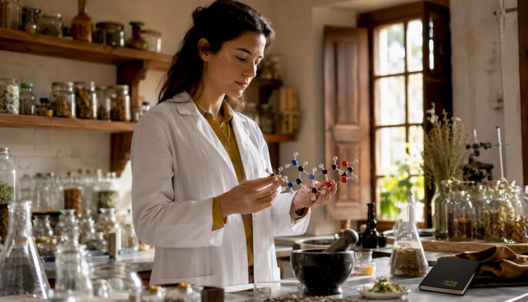 Scientist examining peptide molecular model in lab