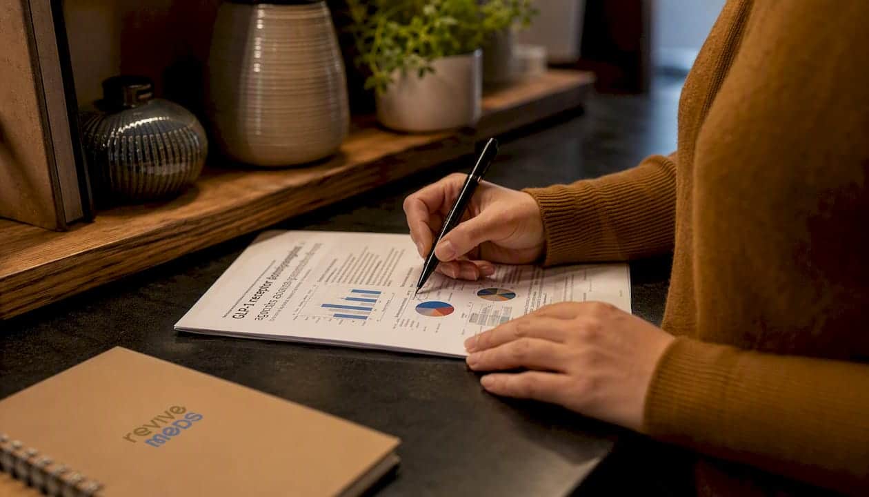 Hands annotating GLP-1 medical research documents