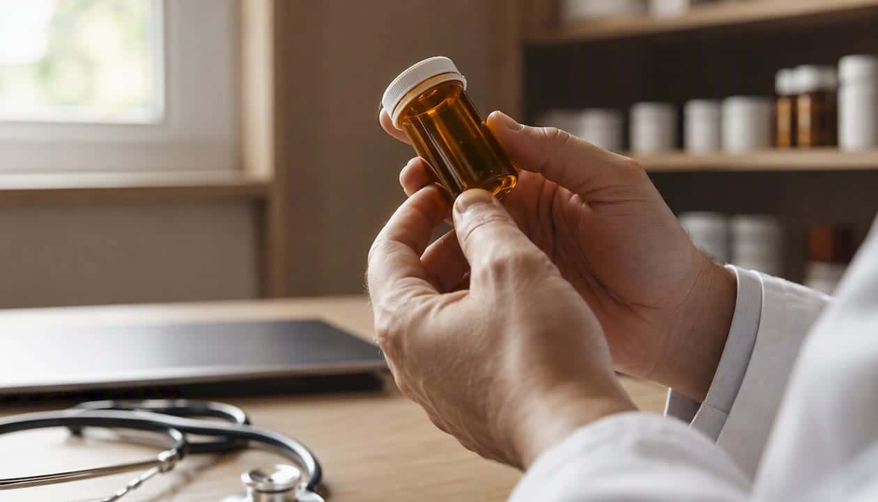 Hands holding a thyroid medication bottle