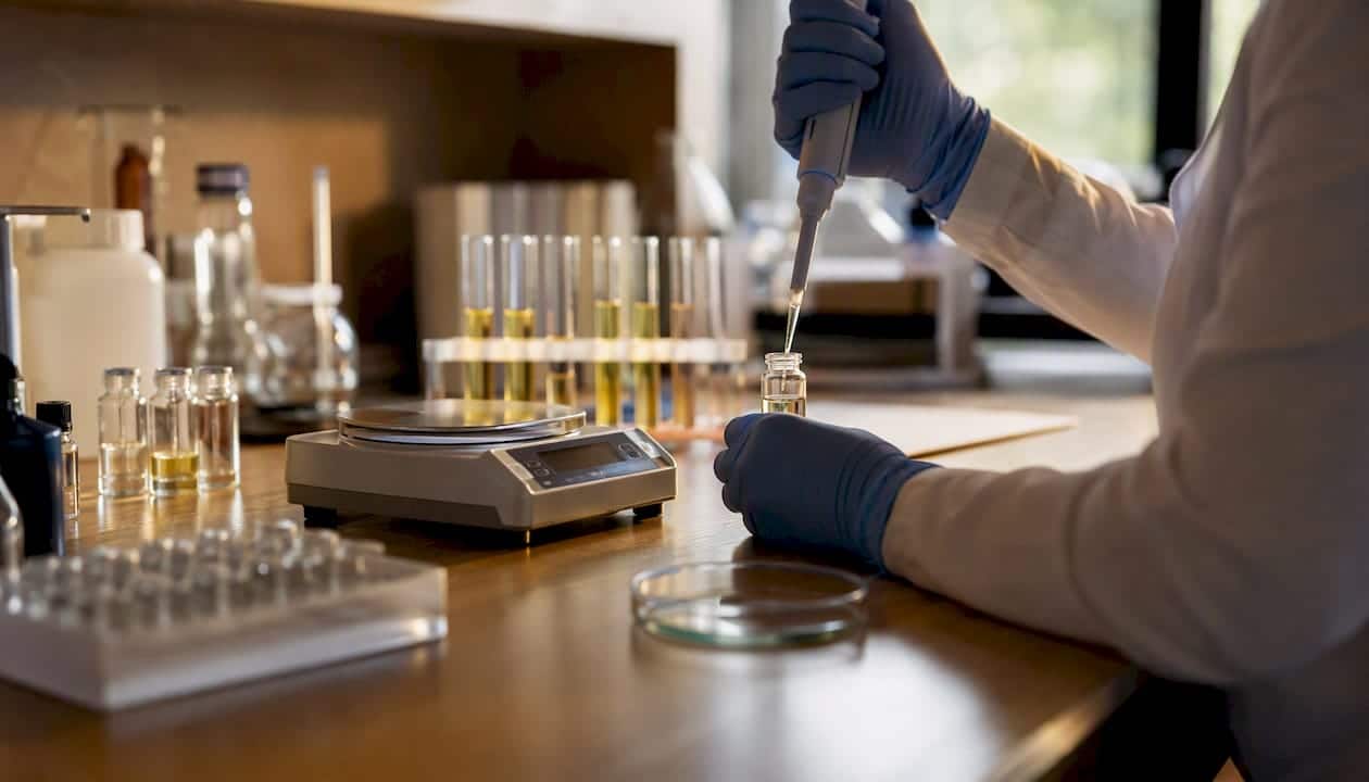 Hands performing lab testing on thyroid medication samples