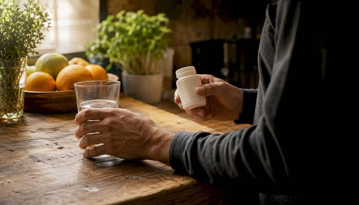 Hands holding thyroid medication bottle and glass of water