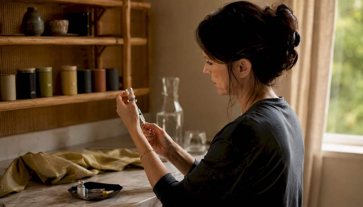 Woman preparing peptide injection at home