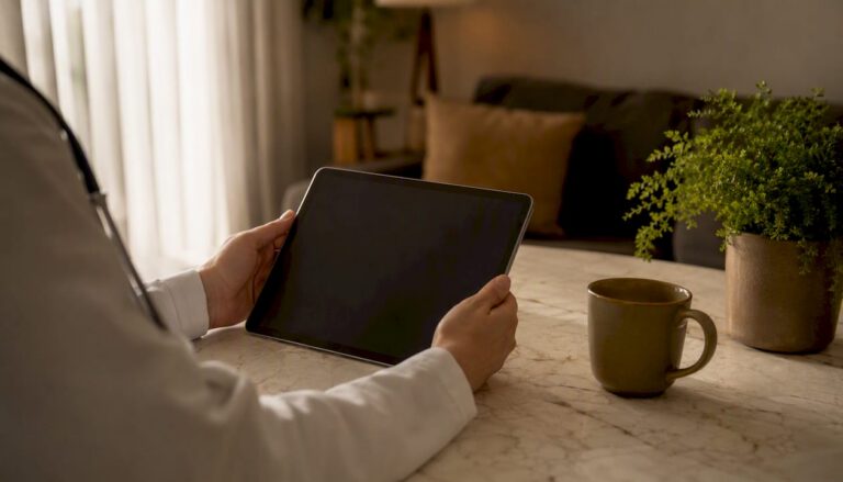 Hands holding tablet for telehealth session