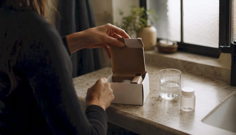 Hands unpacking medication box at home