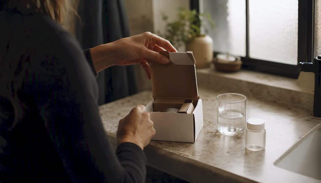 Hands unpacking medication box at home