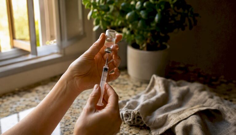 Hands drawing peptide injection from vial