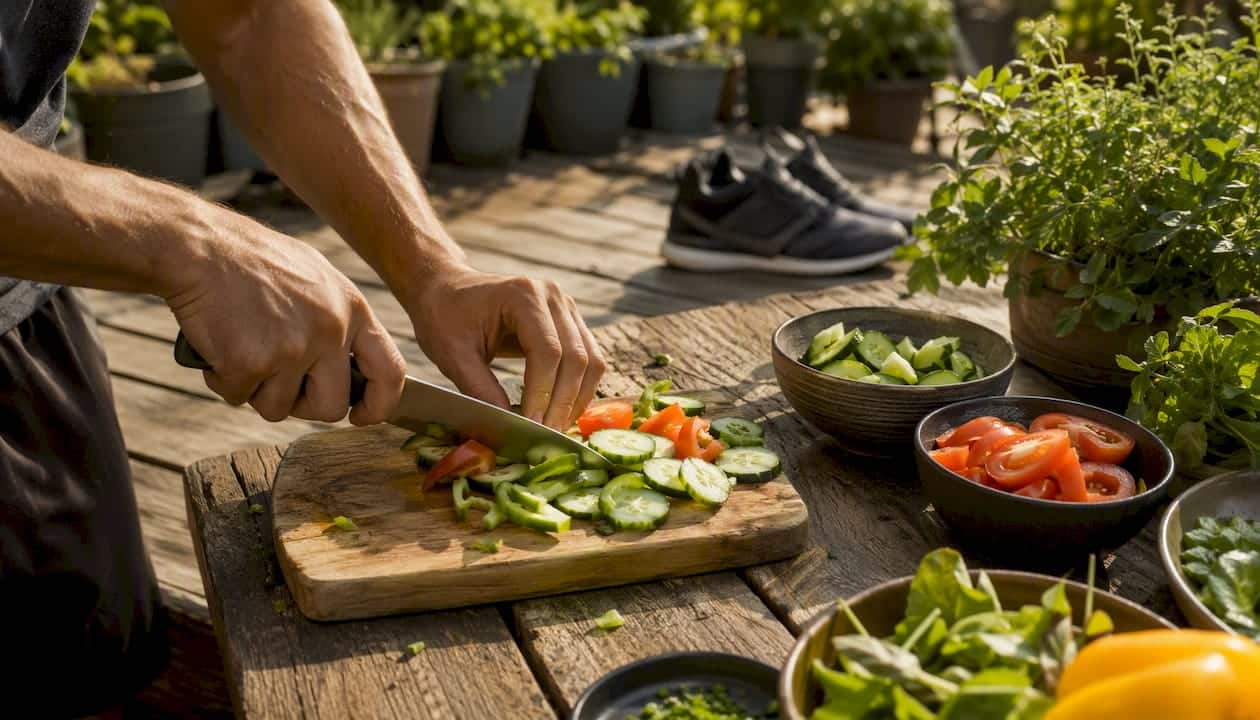 Hands chopping vegetables for healthy meal