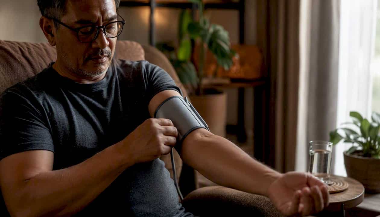 Man applying blood pressure cuff at home