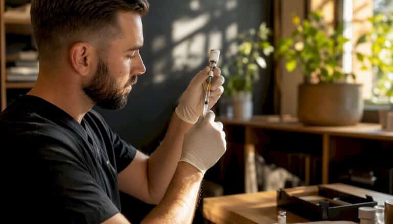 Clinician preparing testosterone injection