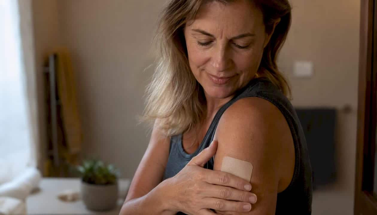 Woman applying estrogen patch to arm
