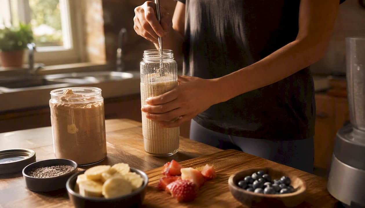 Hands preparing protein shake in kitchen
