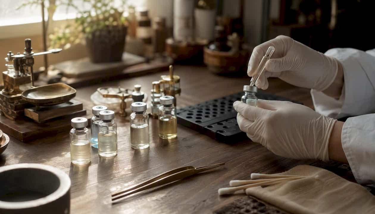 Close-up of peptide vials on lab bench