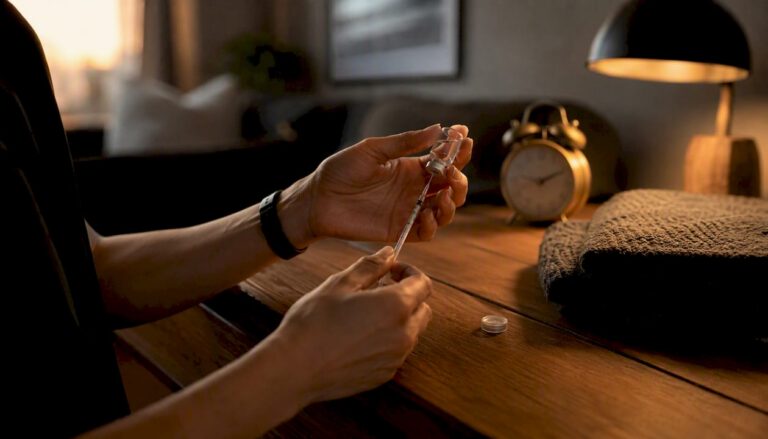 Hands preparing peptide injection by bedside