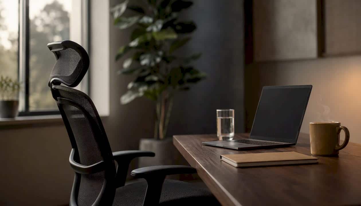 Empty office chair at workspace with turned off laptop