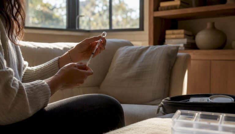 Hands preparing hormone injection at home wellness corner