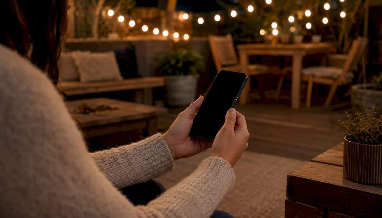 Hands ending telehealth call on smartphone at home