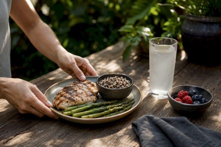 Hands plating protein-rich meal in kitchen