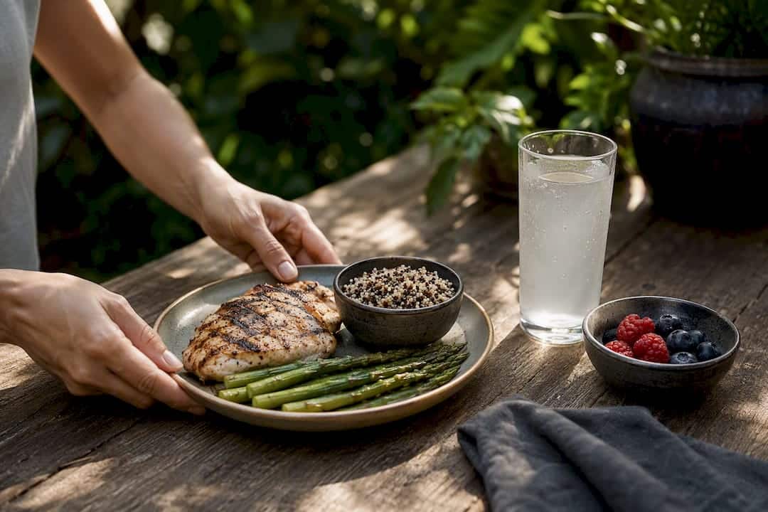 Hands plating protein-rich meal in kitchen
