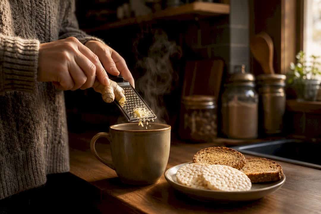 Hands pouring ginger tea beside bland crackers