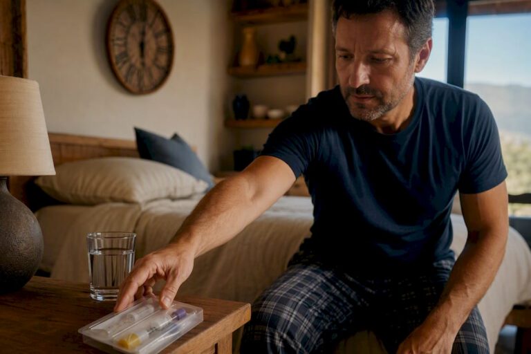 Man preparing morning testosterone blood test kit