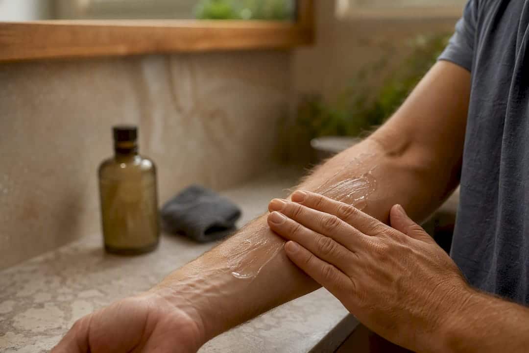 Man applying testosterone replacement gel on forearm