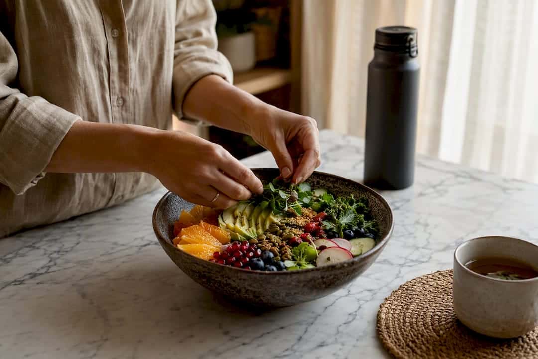 Hands preparing balanced meal influencing hormones
