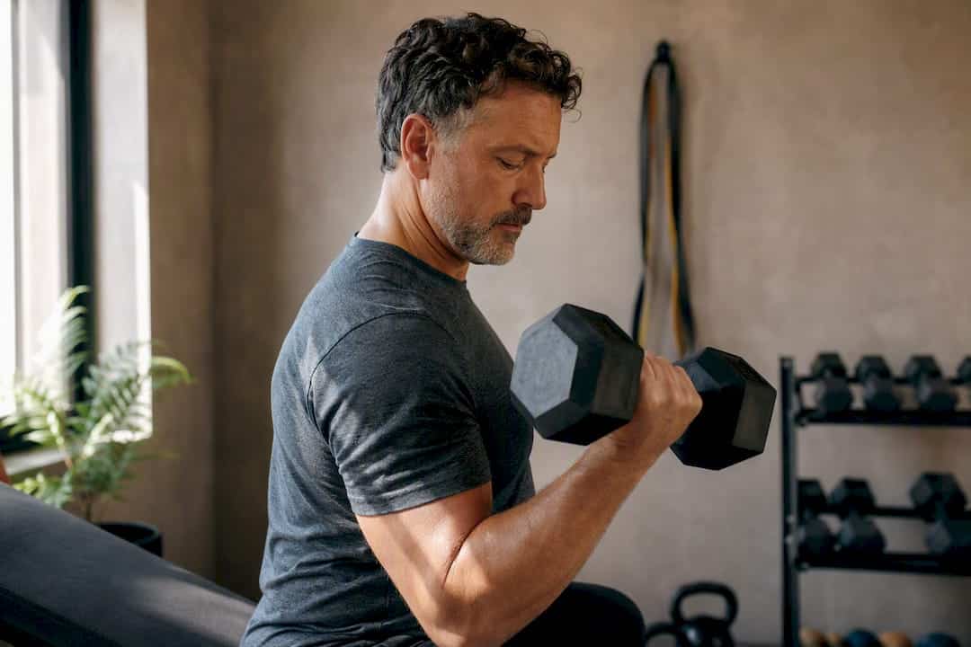 Man gripping dumbbell during resistance training